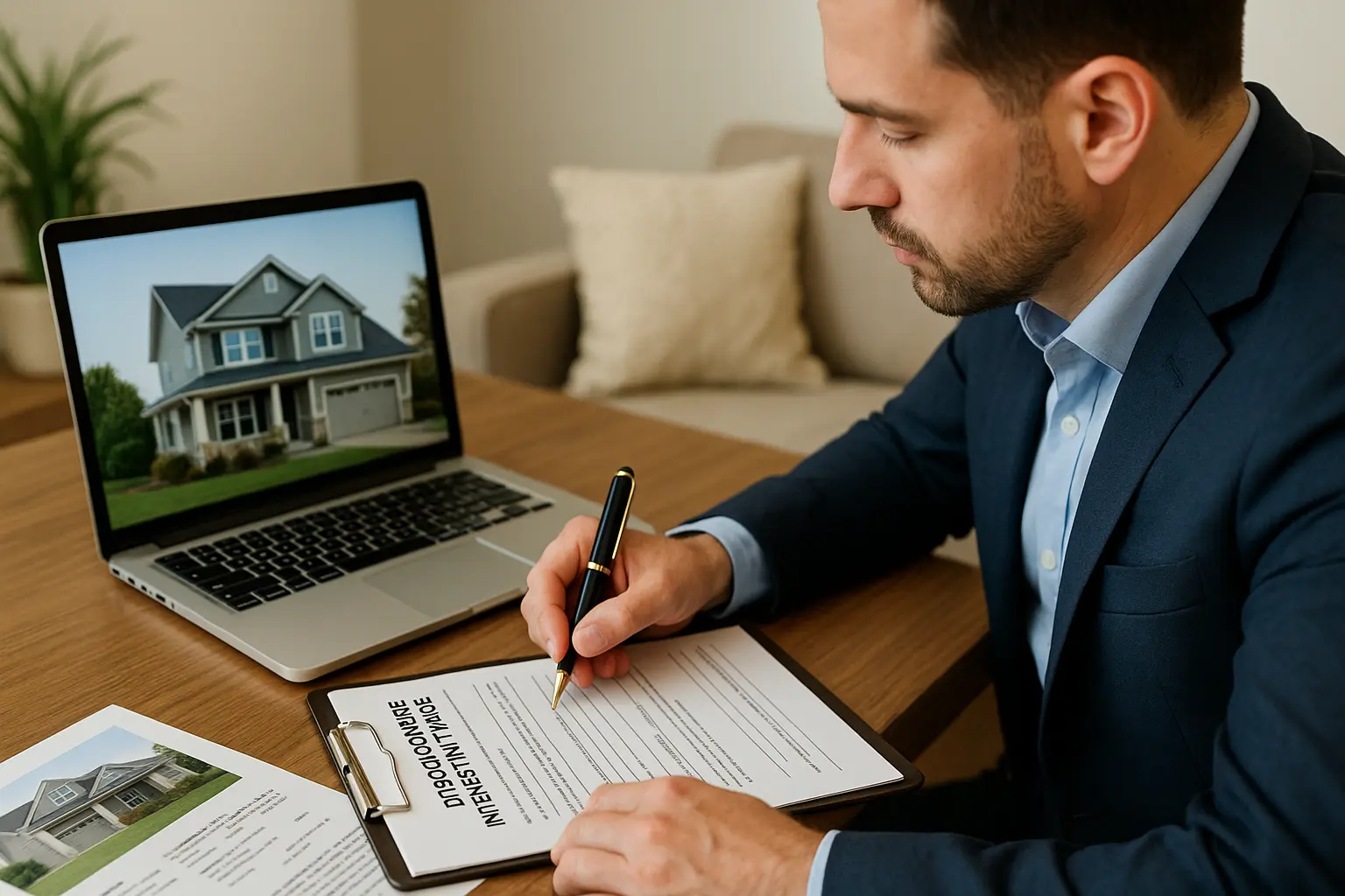 Real estate agent completing Disclosure of Interest in Trade paperwork in a professional home office setting.